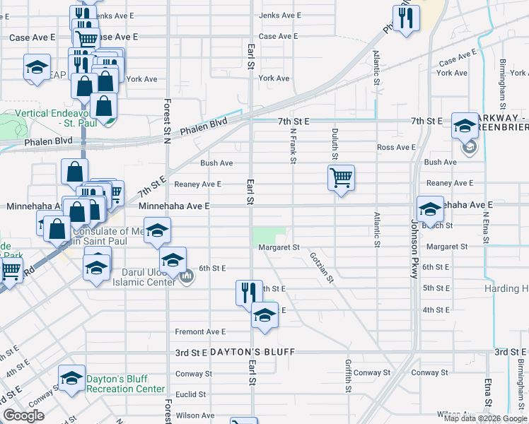map of restaurants, bars, coffee shops, grocery stores, and more near 1069 Beech Street in Saint Paul