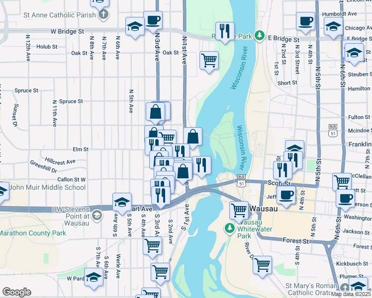 map of restaurants, bars, coffee shops, grocery stores, and more near 2 Elm Street in Wausau