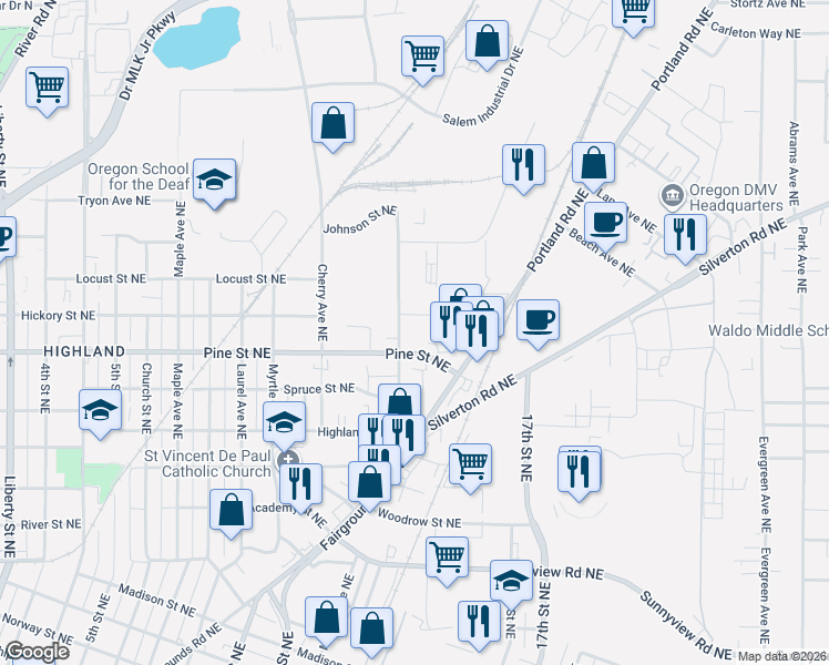 map of restaurants, bars, coffee shops, grocery stores, and more near 2741 Brooks Avenue Northeast in Salem