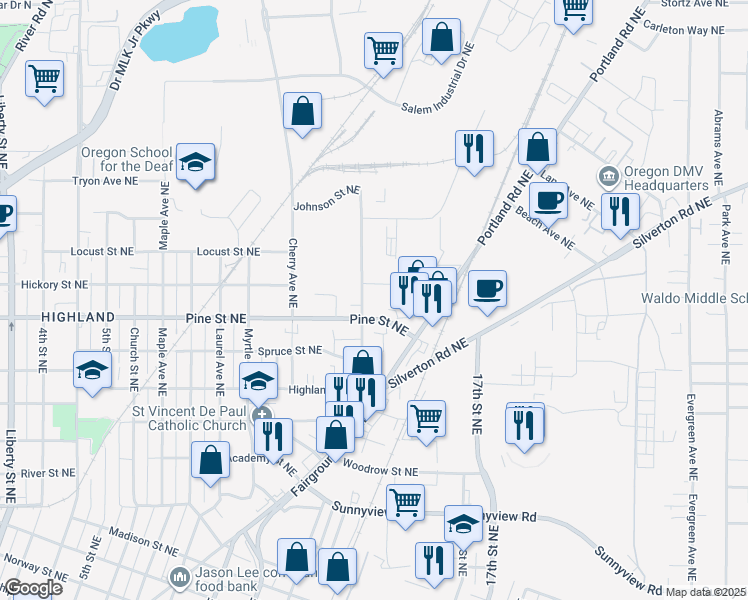 map of restaurants, bars, coffee shops, grocery stores, and more near 2741 Brooks Avenue Northeast in Salem