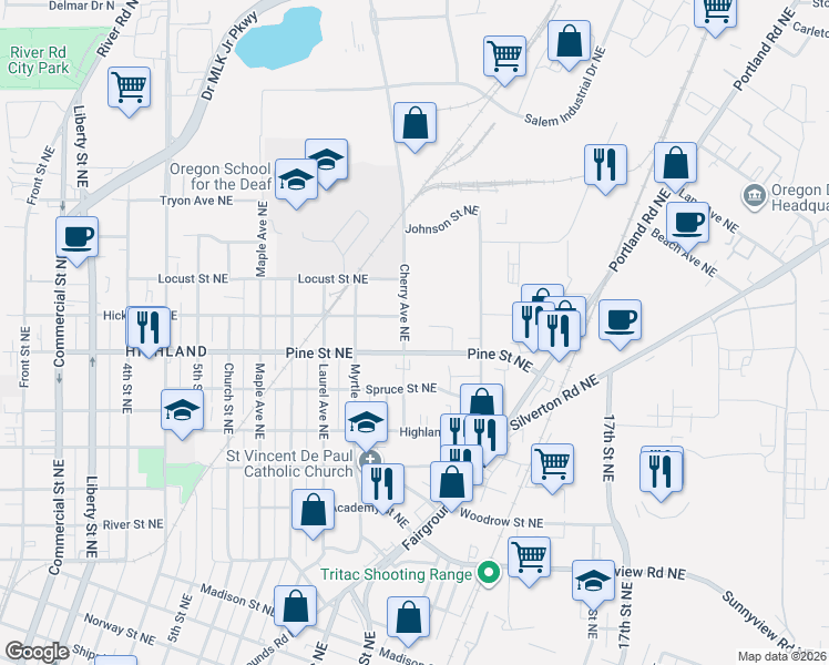 map of restaurants, bars, coffee shops, grocery stores, and more near 2515 Cherry Avenue Northeast in Salem