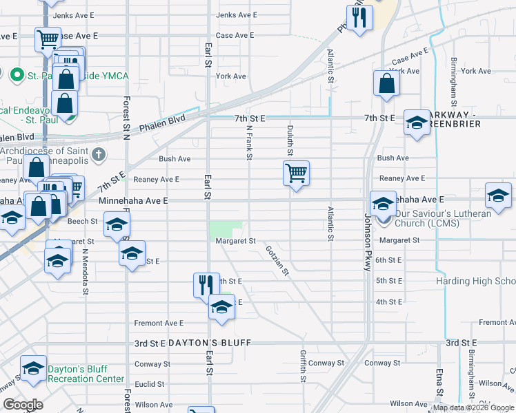 map of restaurants, bars, coffee shops, grocery stores, and more near 1133 Beech Street in Saint Paul