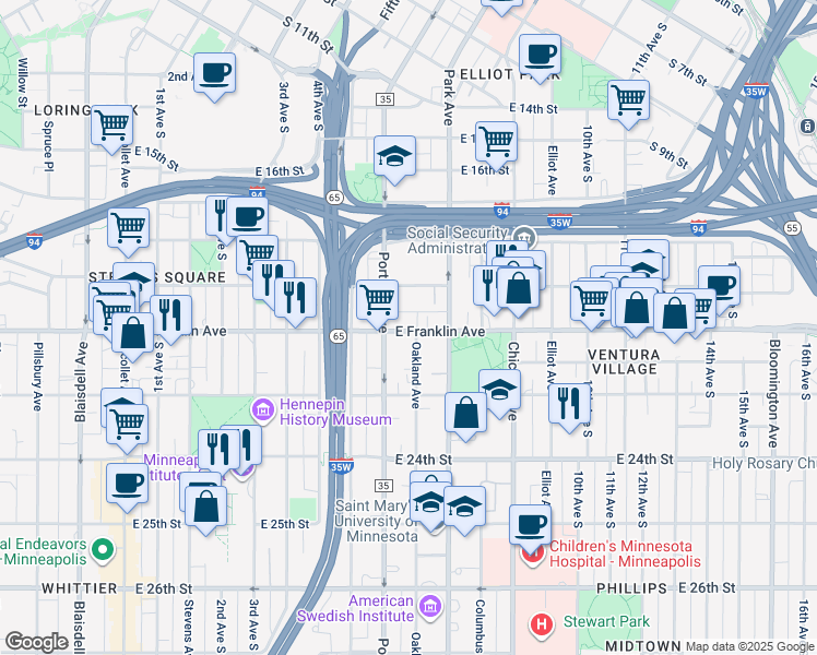 map of restaurants, bars, coffee shops, grocery stores, and more near in Minneapolis