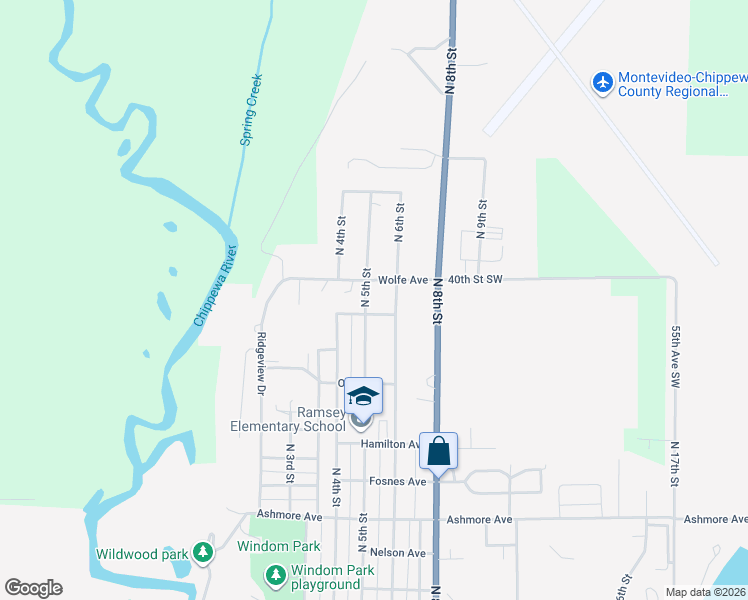 map of restaurants, bars, coffee shops, grocery stores, and more near 1502 North 5th Street in Montevideo