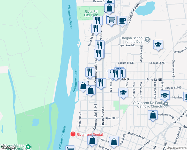 map of restaurants, bars, coffee shops, grocery stores, and more near 2305 Commercial Street Northeast in Salem