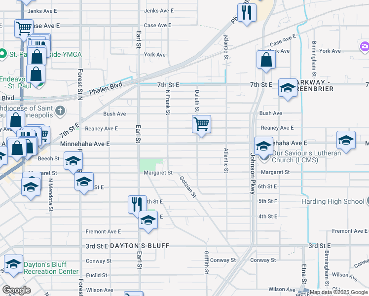 map of restaurants, bars, coffee shops, grocery stores, and more near 1133 Beech Street in Saint Paul