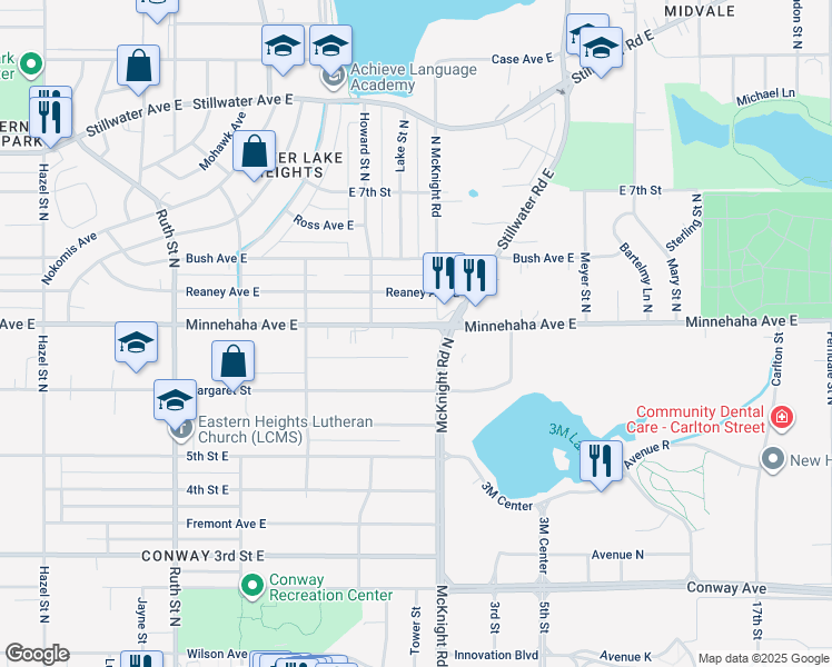 map of restaurants, bars, coffee shops, grocery stores, and more near 2244 Minnehaha Avenue East in Saint Paul