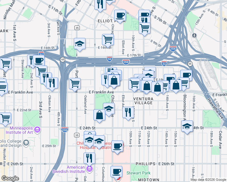 map of restaurants, bars, coffee shops, grocery stores, and more near 1925 Chicago Ave S in Minneapolis