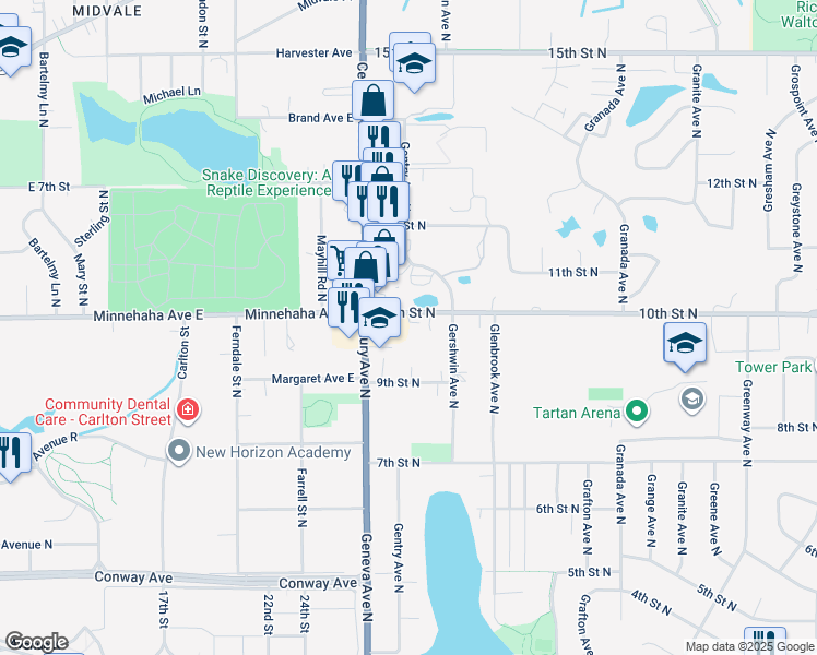 map of restaurants, bars, coffee shops, grocery stores, and more near 6085 10th Street North in Oakdale