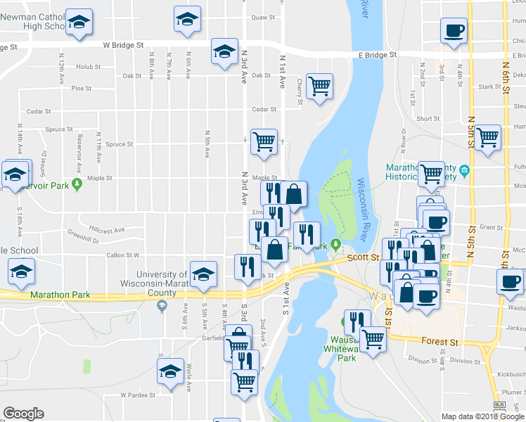 map of restaurants, bars, coffee shops, grocery stores, and more near 2 North 2nd Avenue in Wausau