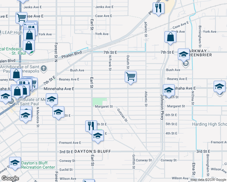 map of restaurants, bars, coffee shops, grocery stores, and more near 1133 Beech Street in Saint Paul