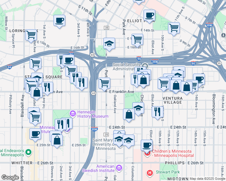 map of restaurants, bars, coffee shops, grocery stores, and more near in Minneapolis
