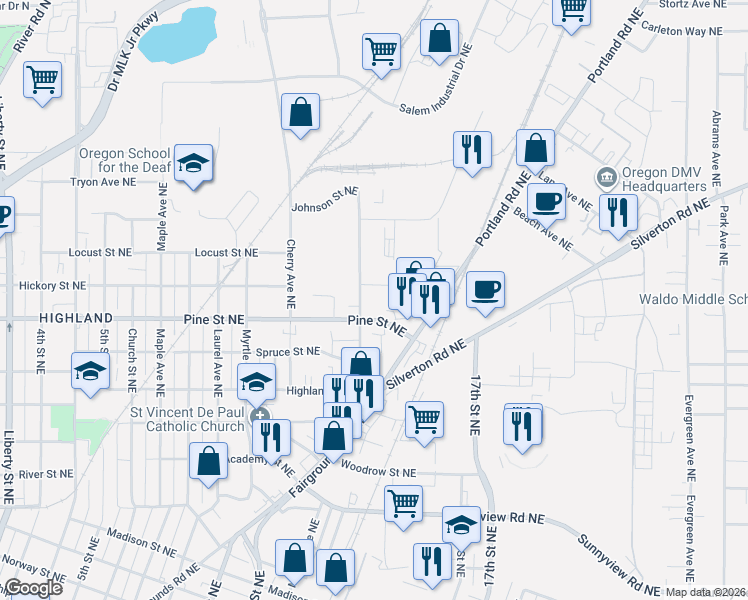 map of restaurants, bars, coffee shops, grocery stores, and more near 2741 Brooks Avenue Northeast in Salem