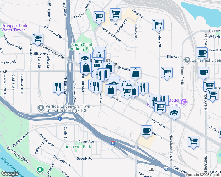 map of restaurants, bars, coffee shops, grocery stores, and more near 2334 Myrtle Avenue in Saint Paul