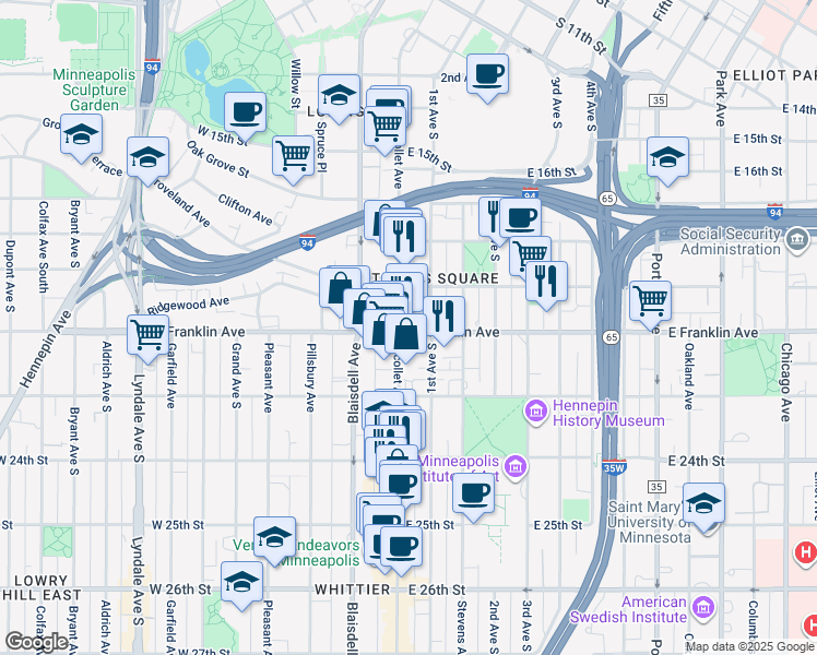 map of restaurants, bars, coffee shops, grocery stores, and more near in Minneapolis