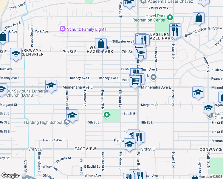 map of restaurants, bars, coffee shops, grocery stores, and more near 1709 Beech Street in Saint Paul