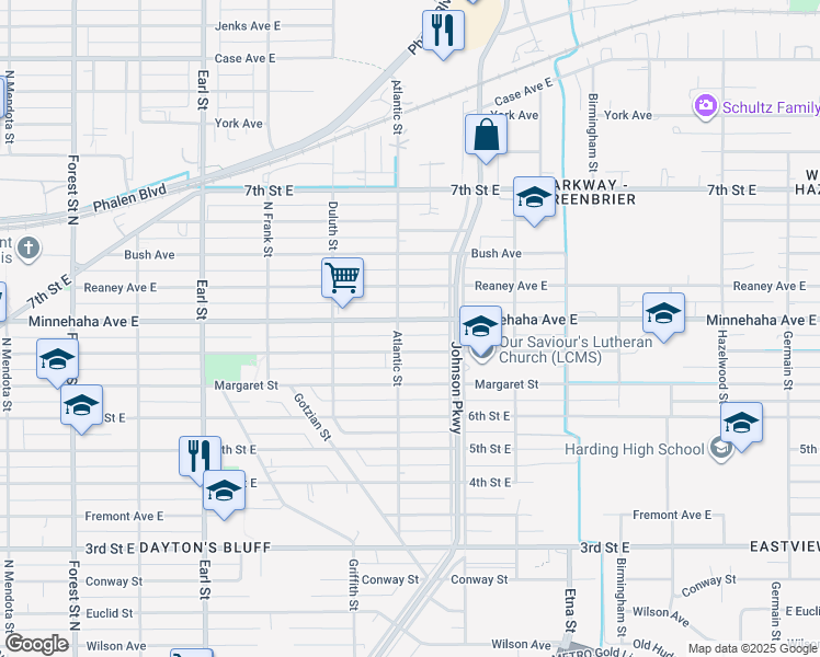 map of restaurants, bars, coffee shops, grocery stores, and more near 1243 Beech Street in Saint Paul