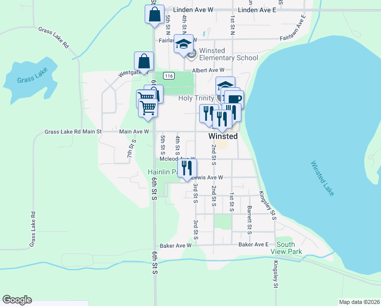 map of restaurants, bars, coffee shops, grocery stores, and more near 311 Mcleod Avenue West in Winsted