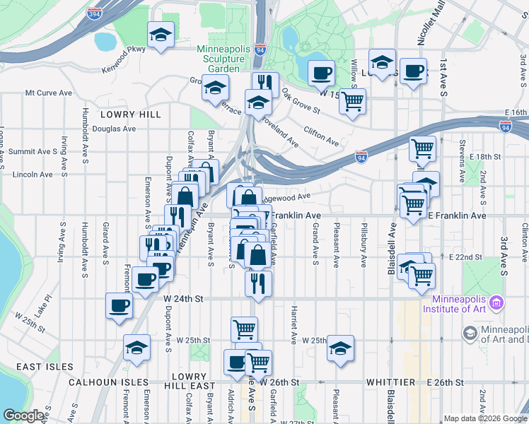 map of restaurants, bars, coffee shops, grocery stores, and more near 610 West Franklin Avenue in Minneapolis