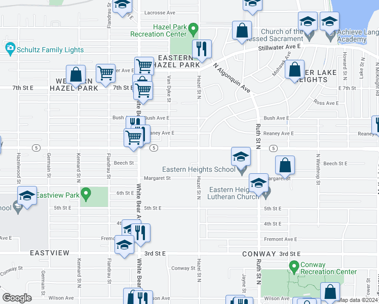 map of restaurants, bars, coffee shops, grocery stores, and more near 1882 Minnehaha Avenue East in Saint Paul