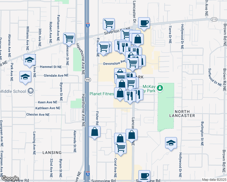map of restaurants, bars, coffee shops, grocery stores, and more near 2800 Fisher Road Northeast in Salem