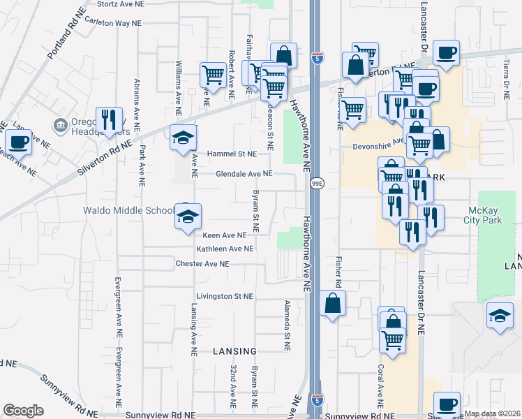 map of restaurants, bars, coffee shops, grocery stores, and more near 2955 Byram Street Northeast in Salem