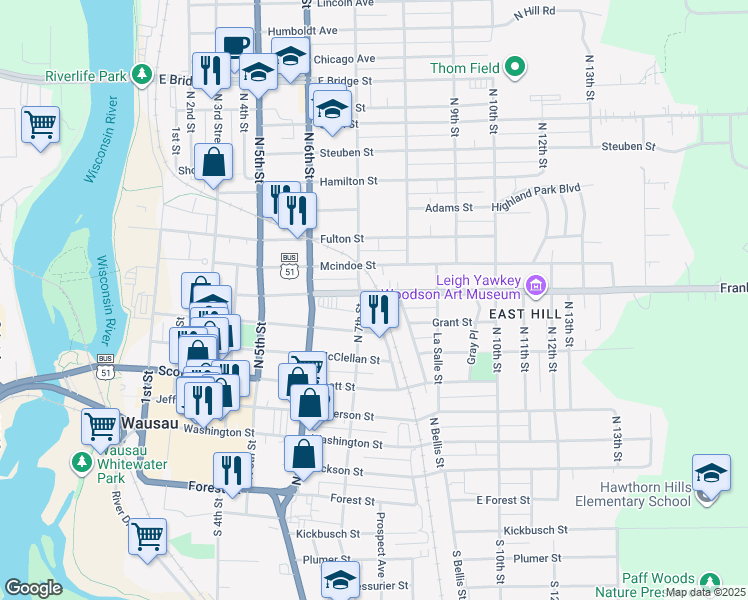 map of restaurants, bars, coffee shops, grocery stores, and more near 713 North 7th Street in Wausau
