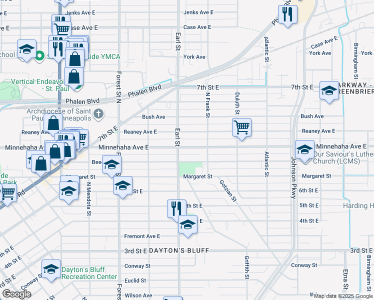 map of restaurants, bars, coffee shops, grocery stores, and more near 1069 Beech Street in Saint Paul