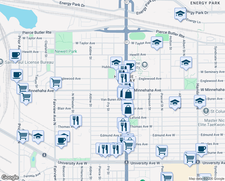 map of restaurants, bars, coffee shops, grocery stores, and more near 2000 Saint Anthony Avenue in Saint Paul