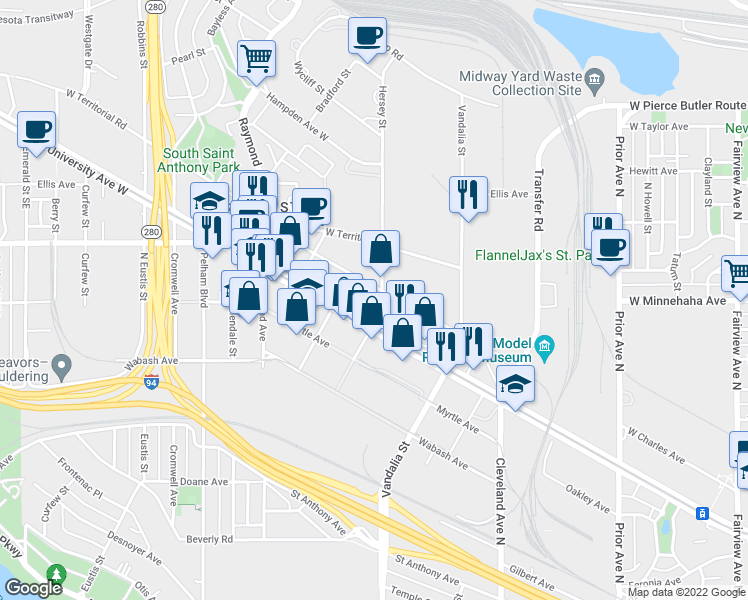 map of restaurants, bars, coffee shops, grocery stores, and more near 765 North Hampden Avenue in Saint Paul