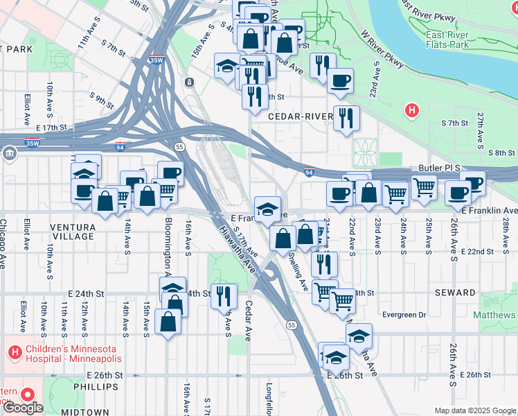 map of restaurants, bars, coffee shops, grocery stores, and more near 7010 Franklin Frontage Road in Minneapolis