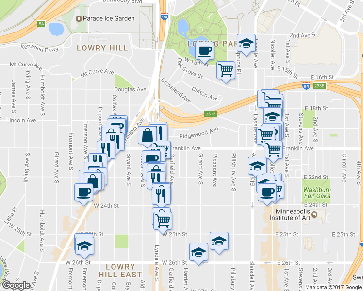 map of restaurants, bars, coffee shops, grocery stores, and more near 2005 Garfield Avenue in Minneapolis