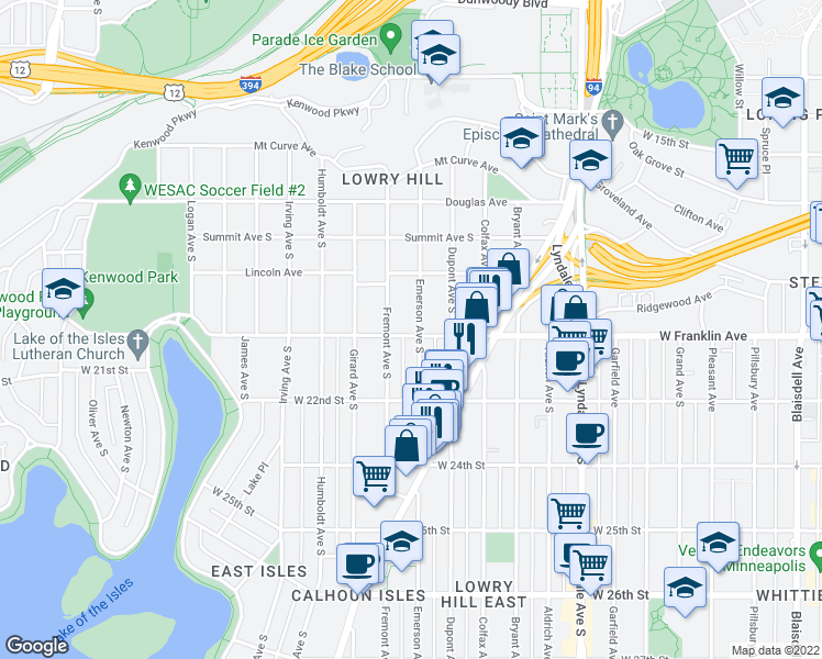 map of restaurants, bars, coffee shops, grocery stores, and more near 1117 West Franklin Avenue in Minneapolis