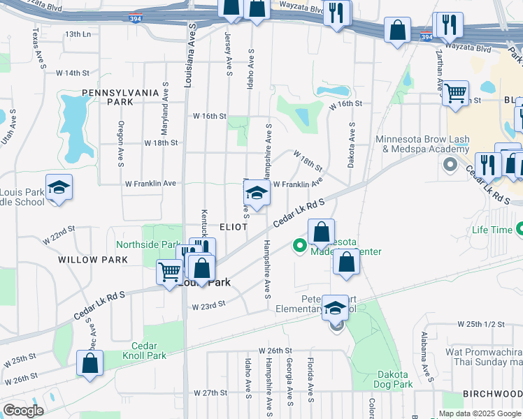 map of restaurants, bars, coffee shops, grocery stores, and more near 6720 Cedar Lake Road in St. Louis Park