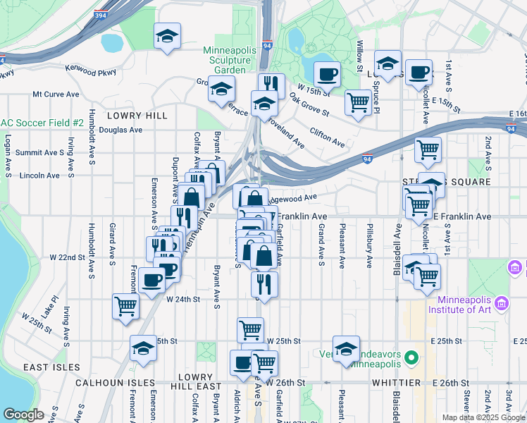 map of restaurants, bars, coffee shops, grocery stores, and more near in Minneapolis