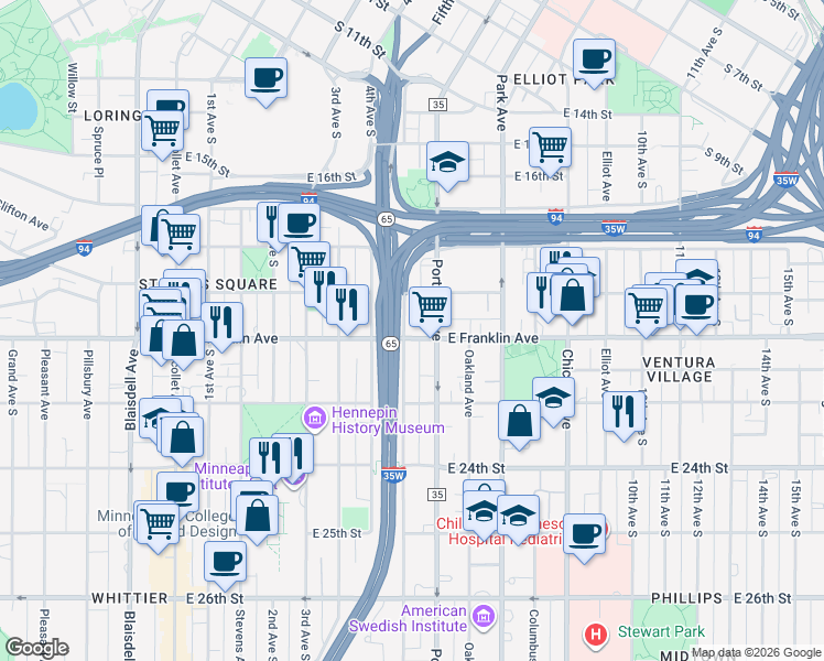 map of restaurants, bars, coffee shops, grocery stores, and more near 1928 Portland Avenue in Minneapolis