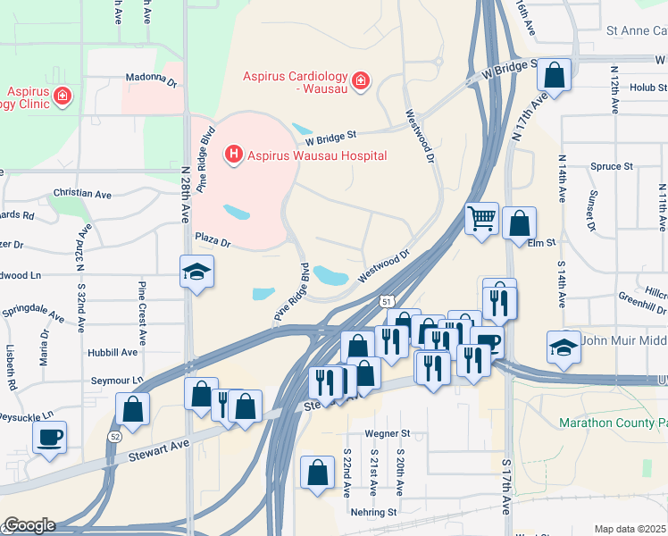 map of restaurants, bars, coffee shops, grocery stores, and more near 1580 Westwood Drive in Wausau