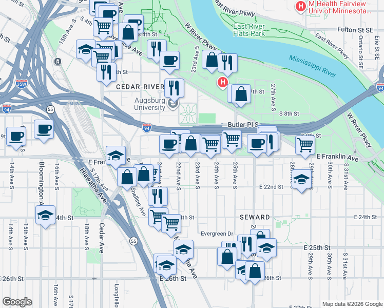 map of restaurants, bars, coffee shops, grocery stores, and more near 2220 East Franklin Avenue in Minneapolis