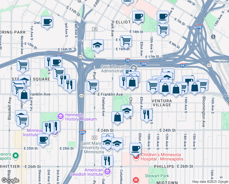 map of restaurants, bars, coffee shops, grocery stores, and more near 2002 Park Avenue in Minneapolis