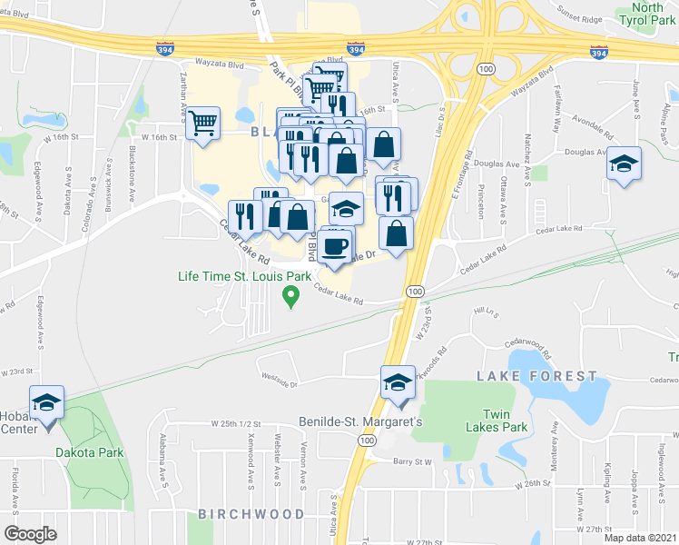 map of restaurants, bars, coffee shops, grocery stores, and more near 5330 Cedar Lake Road in Minneapolis