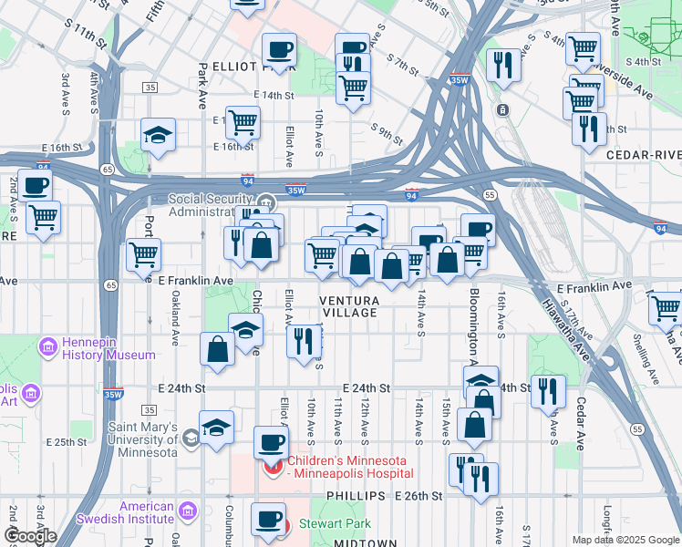 map of restaurants, bars, coffee shops, grocery stores, and more near in Minneapolis