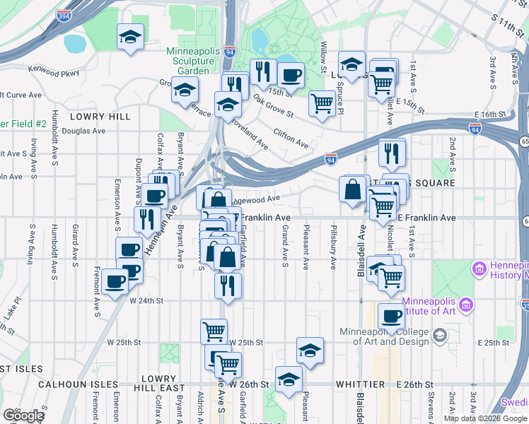 map of restaurants, bars, coffee shops, grocery stores, and more near 500 West Franklin Avenue in Minneapolis