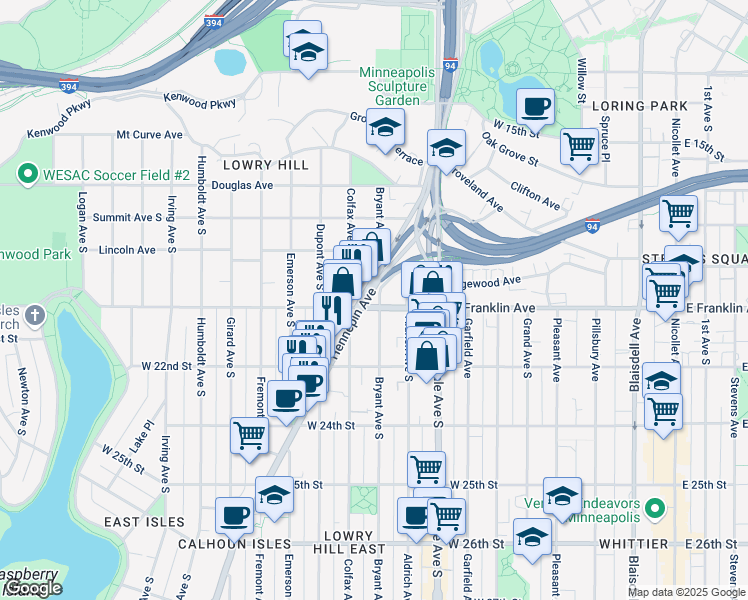 map of restaurants, bars, coffee shops, grocery stores, and more near 902 West Franklin Avenue in Minneapolis