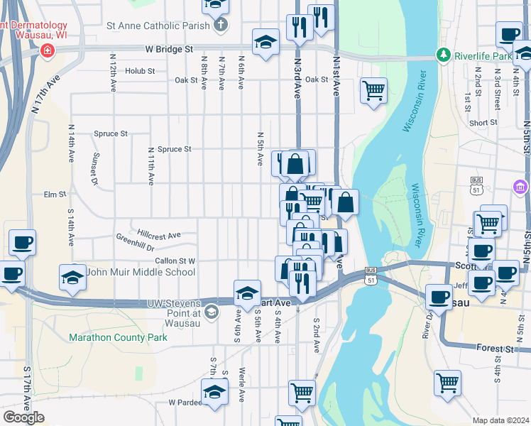 map of restaurants, bars, coffee shops, grocery stores, and more near 416 Elm Street in Wausau