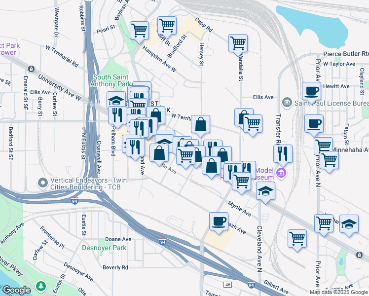 map of restaurants, bars, coffee shops, grocery stores, and more near 2285 University Avenue West in Saint Paul