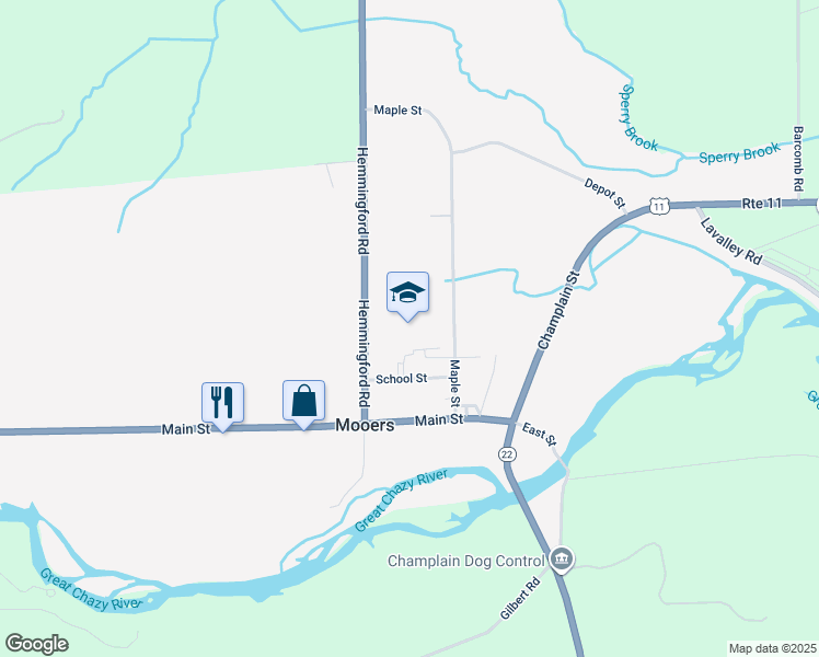 map of restaurants, bars, coffee shops, grocery stores, and more near 16 School Street in Mooers