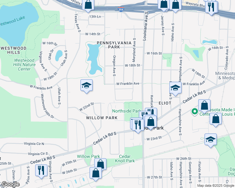 map of restaurants, bars, coffee shops, grocery stores, and more near 7500 West 22nd Street in St. Louis Park