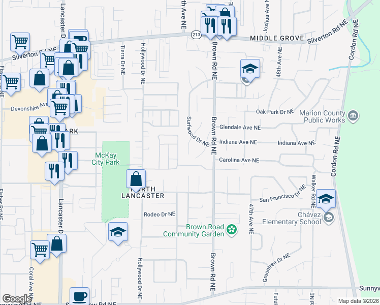 map of restaurants, bars, coffee shops, grocery stores, and more near 4495 Angie Marie Way Northeast in Salem