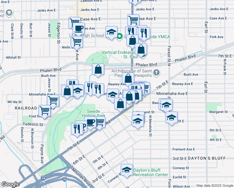 map of restaurants, bars, coffee shops, grocery stores, and more near 800 Minnehaha Avenue East in Saint Paul