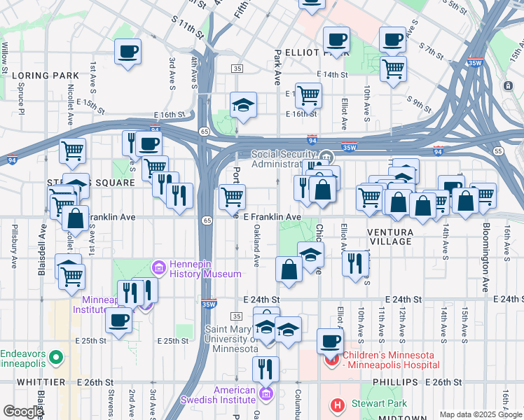 map of restaurants, bars, coffee shops, grocery stores, and more near 2002 Park Avenue in Minneapolis